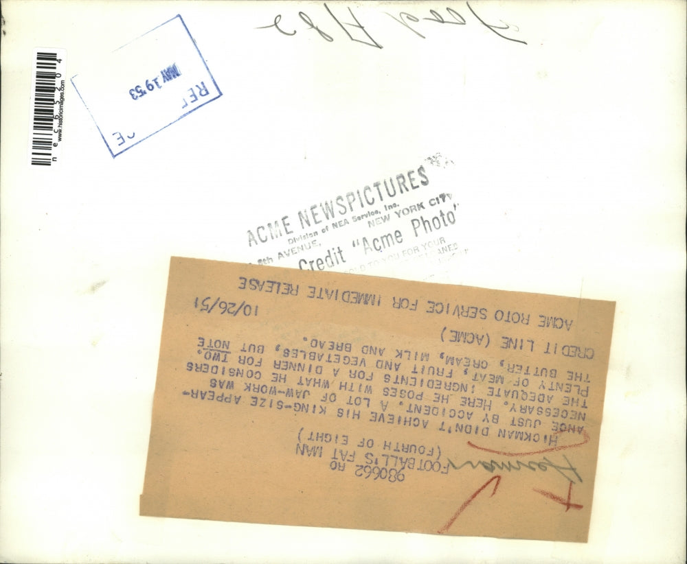 1951 Press Photo Herman Hickman with Ingredients for Dinner for two - nec65204