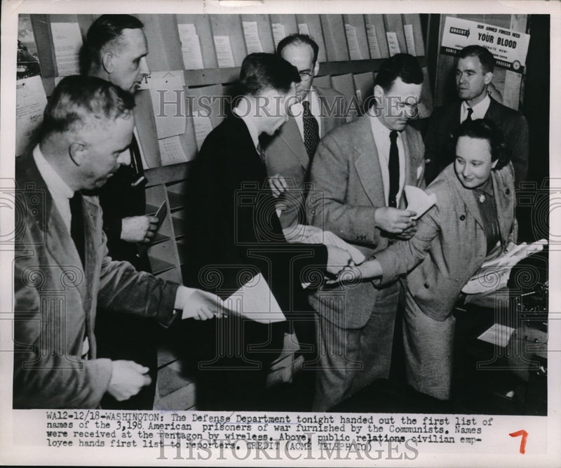 Load image into Gallery viewer, 1951 Press Photo Defense Department hands out prisoner of war list - nec65485
