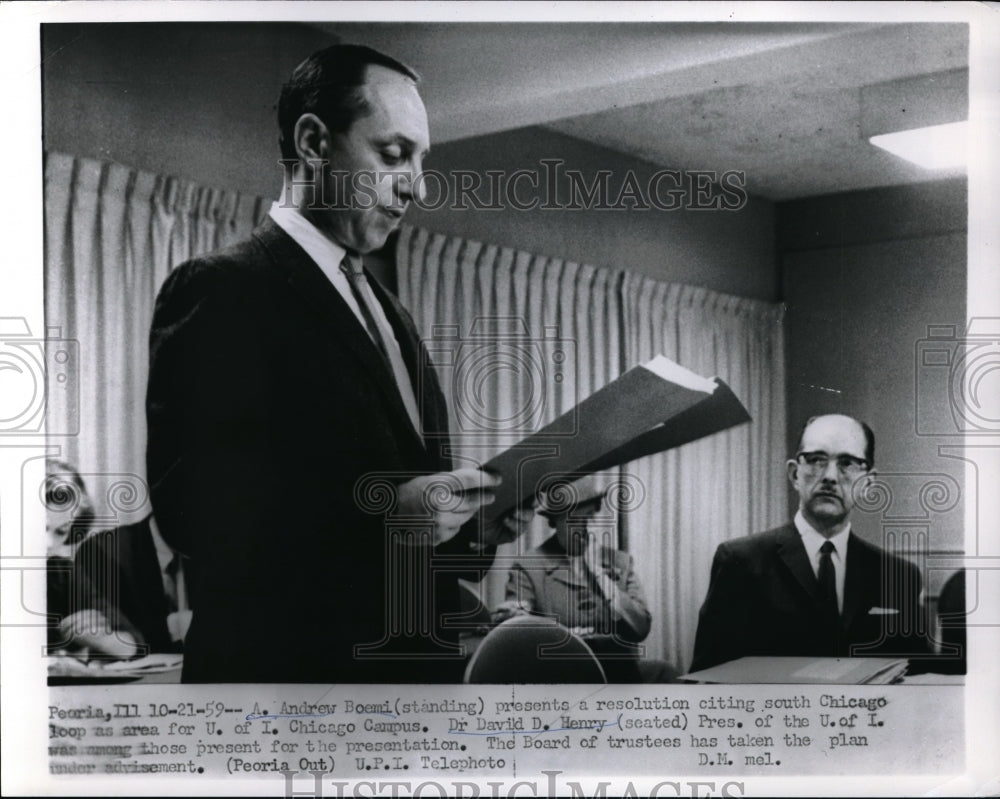 1959 Press Photo Peoria, Ill. Andrew Bommi and Dr David Henry pres of Univ of Ill