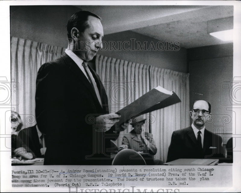 Load image into Gallery viewer, 1959 Press Photo Peoria, Ill. Andrew Bommi and Dr David Henry pres of Univ of Ill
