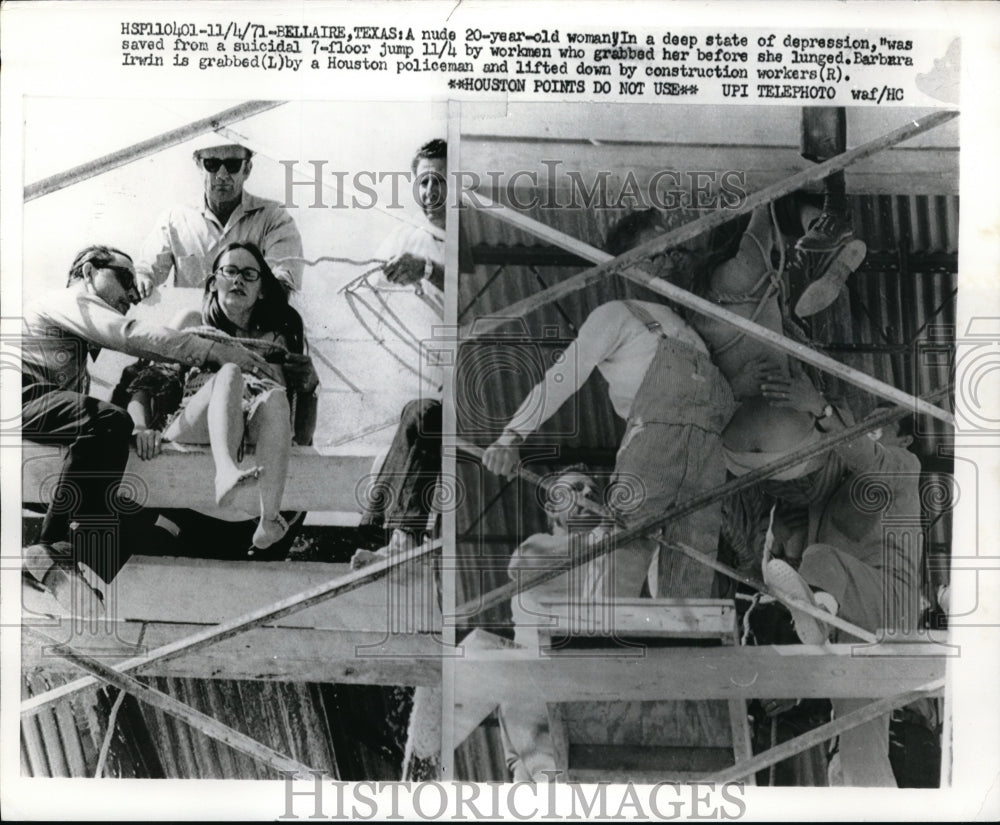 1971 Press Photo Bellaire, Texas Barb Irwin saved from suicide at construction site