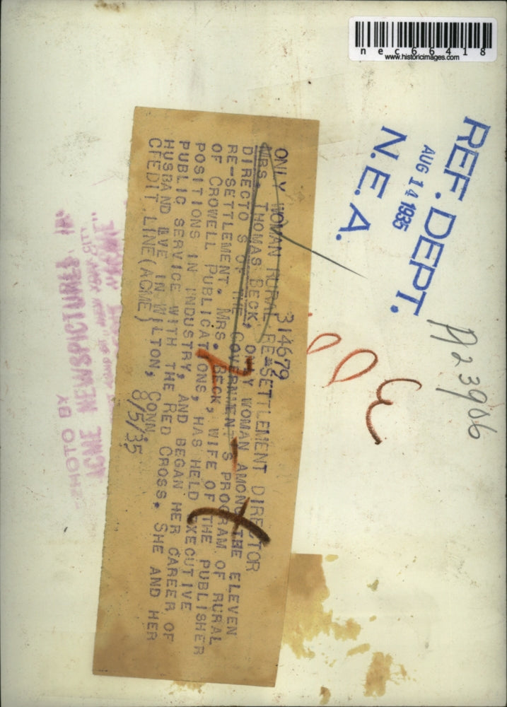 1935 Press Photo Mrs. Thomas Beck, the only woman re-settlement director