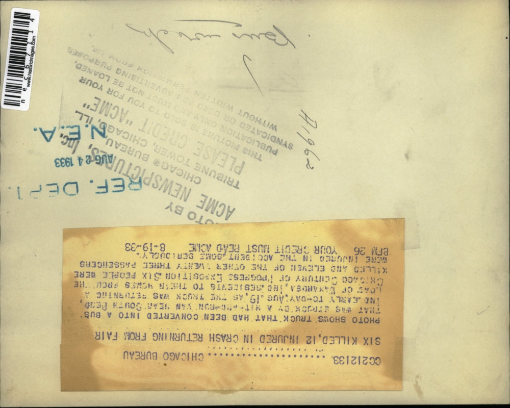 1933 Press Photo Truck converted to bus wrecked when hit by a semi truck,Ind.