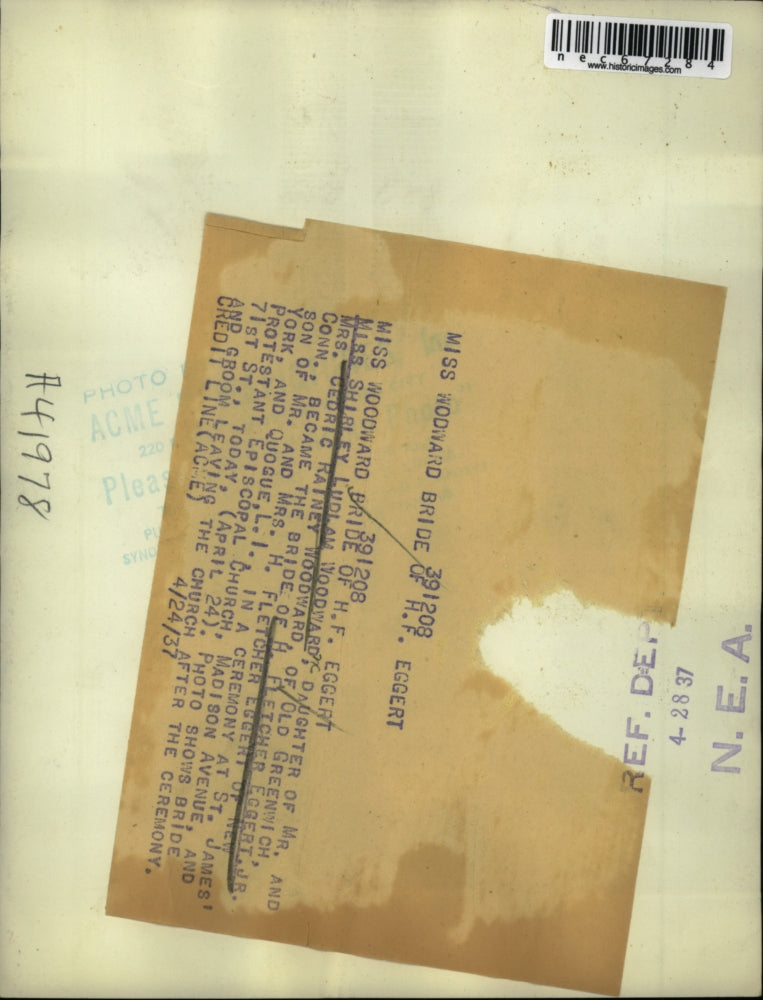 1937 Press Photo Shirley Ludlam Woodward weds H Fletcher Eggert Jr in NYC