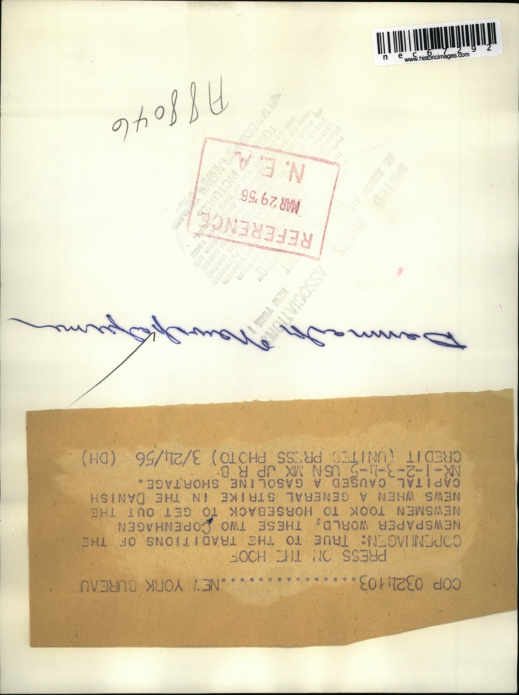 1956 Press Photo Coppenhagen, newsmen cover general strike on horseback