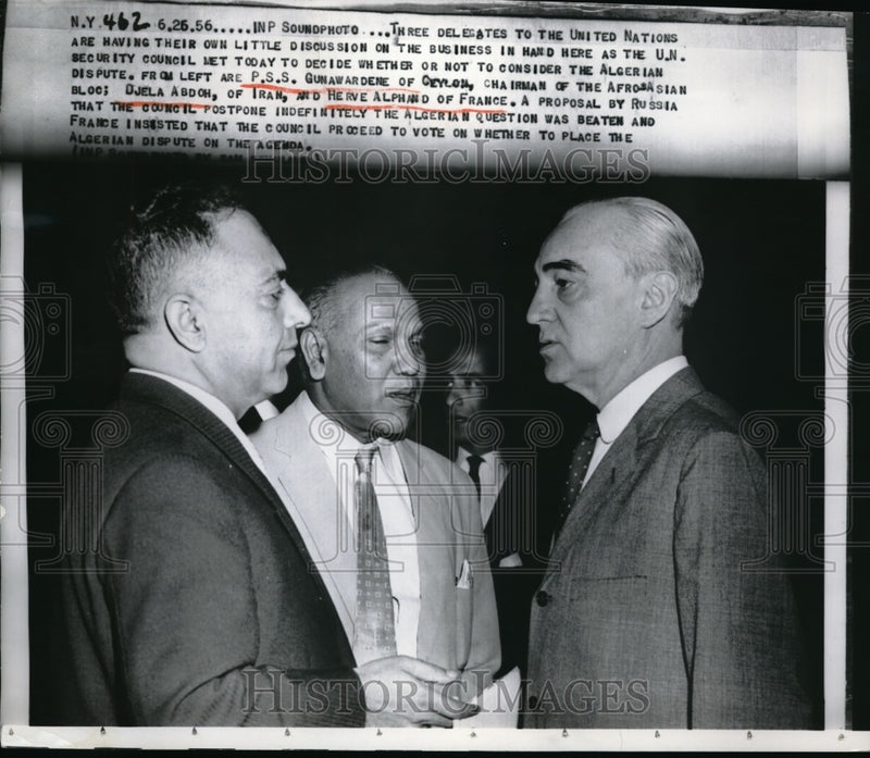 Load image into Gallery viewer, 1956 Press Photo United Nations 3 Delegates, Djela Asdoh of Iran, Herve Alphano
