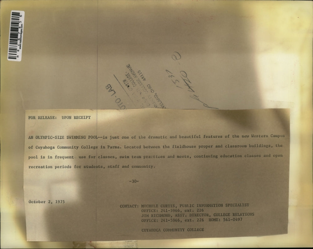 1975 Press Photo Olympic sized swimming pool at Cuyahoga College in Parma, Ohio