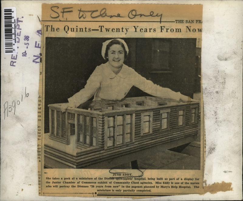 Load image into Gallery viewer, 1936 Press Photo Nurse June Eddy Looks At Model Of New Hospital
