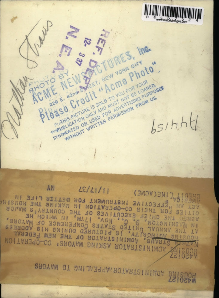 1937 Press PhotoNathan Straus, new Fed Housing Authority admin - nec67524