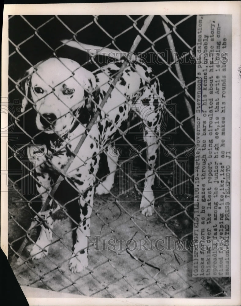 1952 Press Photo Governor Stevenson Pet Dalmatian in Kennel Springfield Illinois