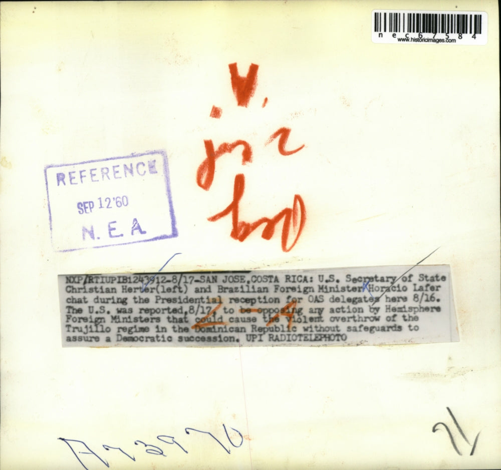 1960 Press Photo San Jose, Calif Sec State Christian Herter & Braz.Horacio Lafer