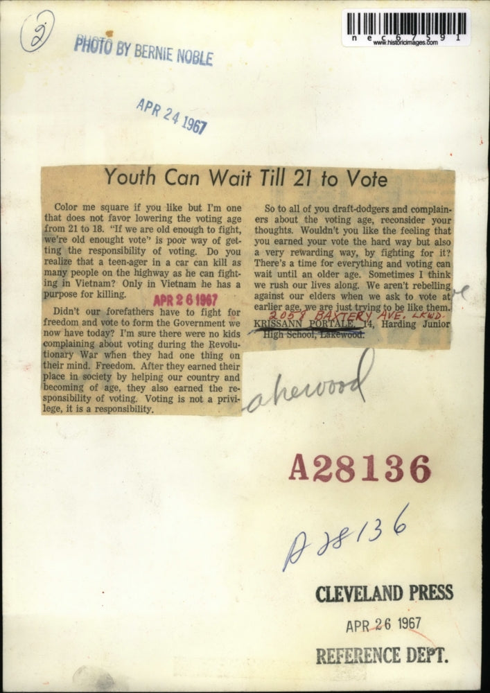 1967 Press Photo Krissann Portale 14 of Harding High School, lowering voting age