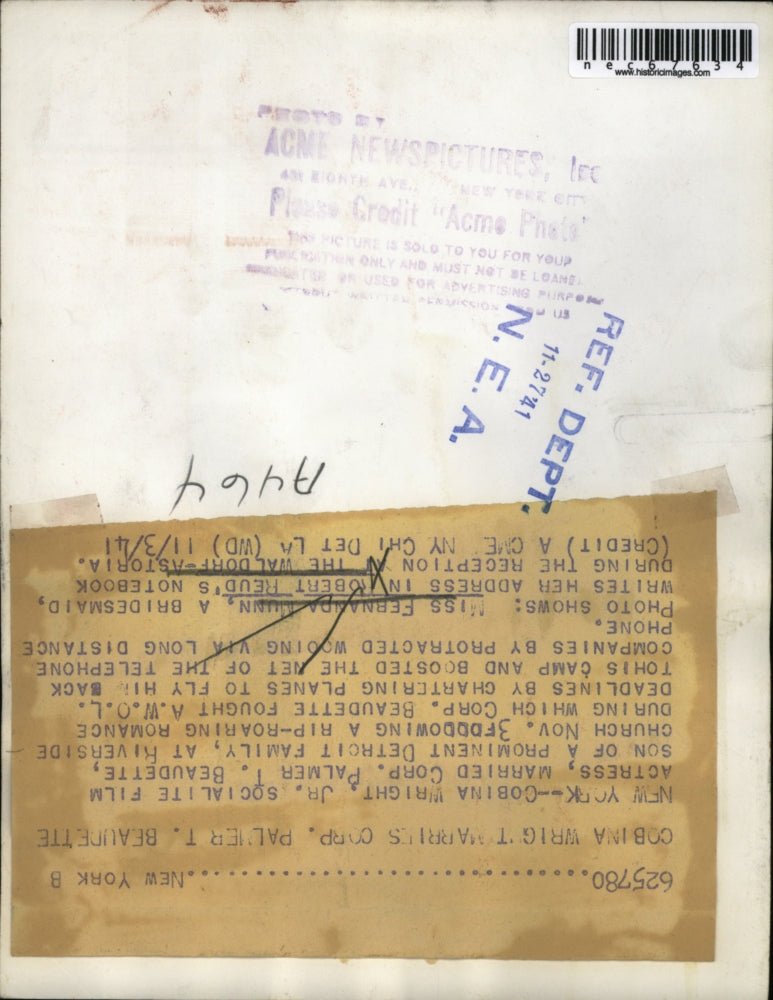 1941 Press Photo Cobina Wright film actress marries Corp Palmer Beaudette