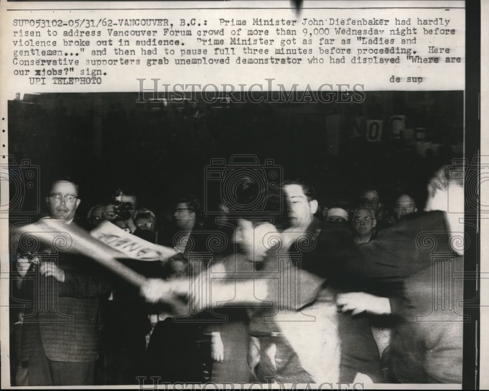 1962 Press Photo Scene from the violence in the Vancouver forum where Prime Mini