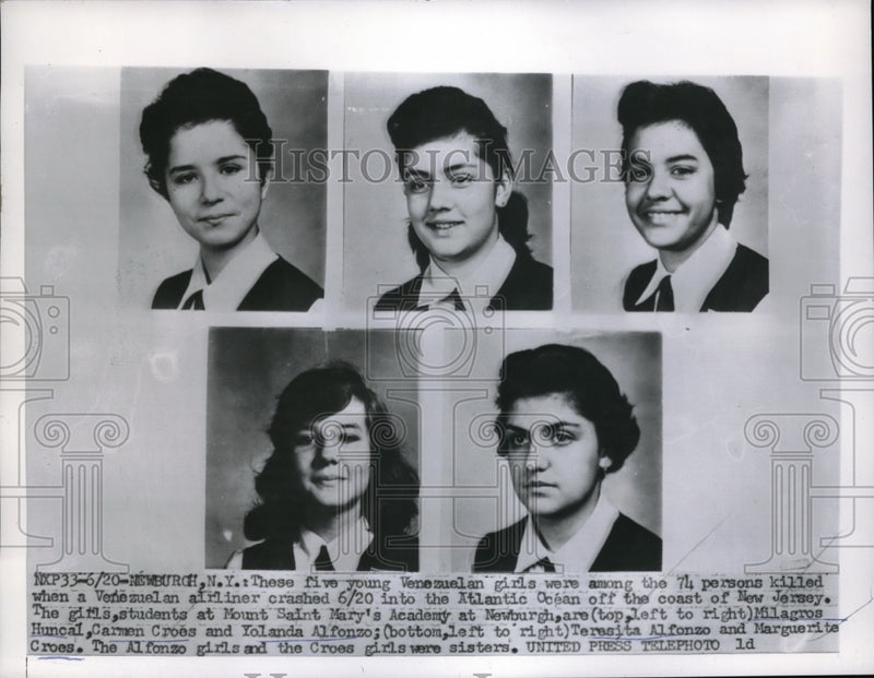 Load image into Gallery viewer, 1956 Press Photo Newburgh, NY Venezuelan girls killed in plane crash M Huncal, C Croes,Y Alfonzo,T A
