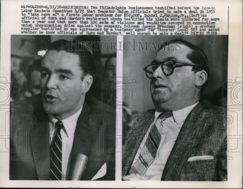 1958 Press Photo DC Phila businessmen Daniel Hanlon Jr & Solomon J Freedman