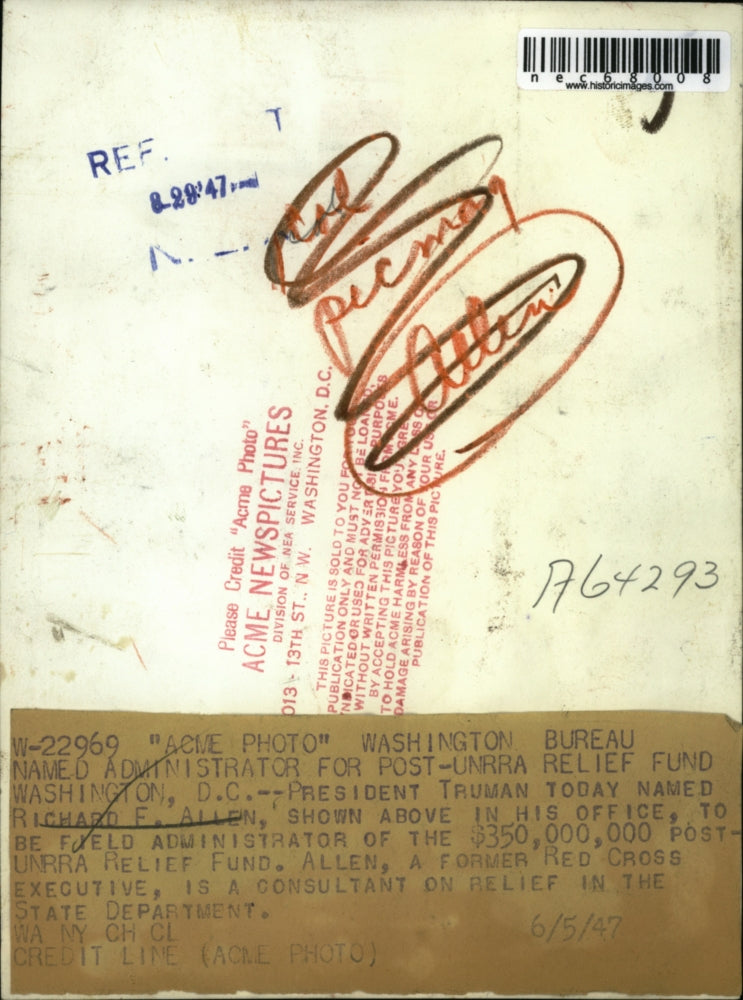1947 Press Photo Post UNRRA Relief Fund admin Richard Allen in DC