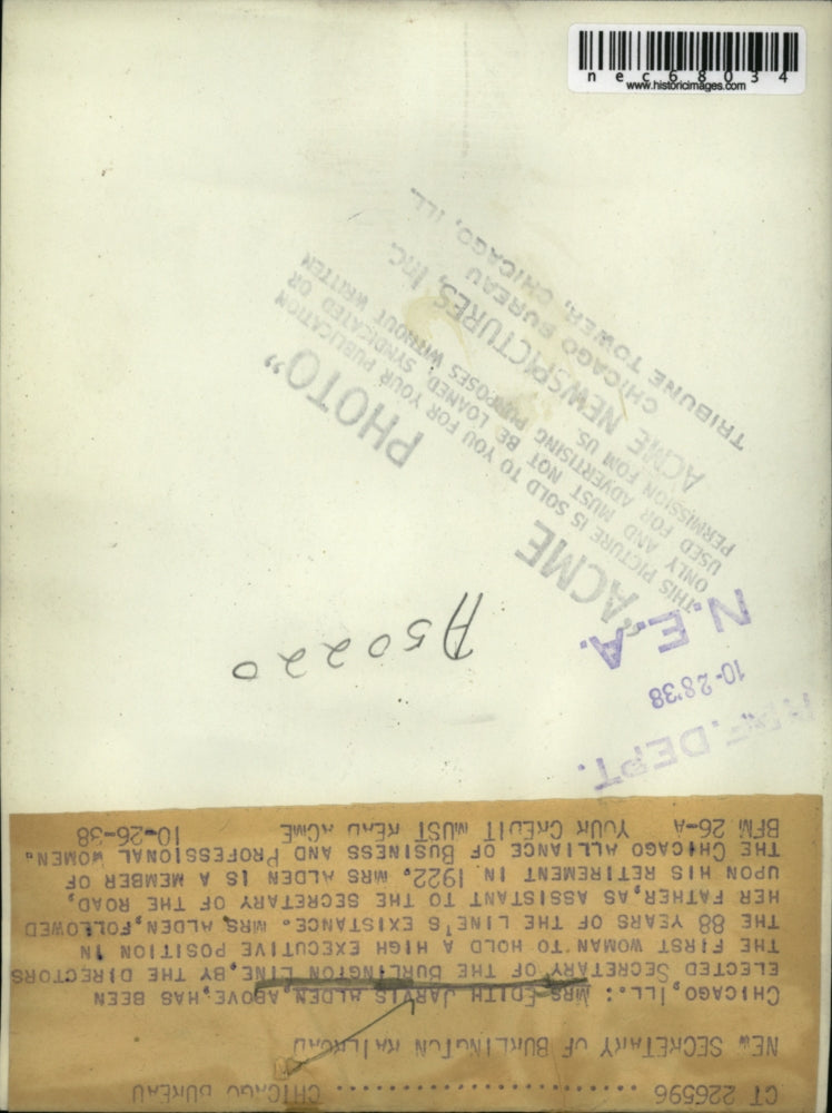 1938 Press Photo Mrs edith Jarvis Alden Elected Secretary Of Burlington Line