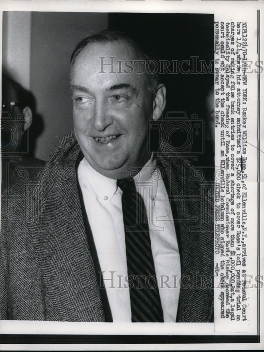 1957 Press Photo NYC Banker William Rome on charges of false bank entries- Historic Images