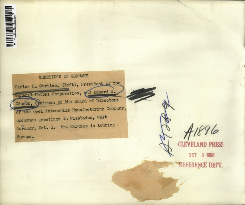 1954 Press PhotoHarlow Curtice, pres of GM Corp & Ed Zdunek of Opel Autos