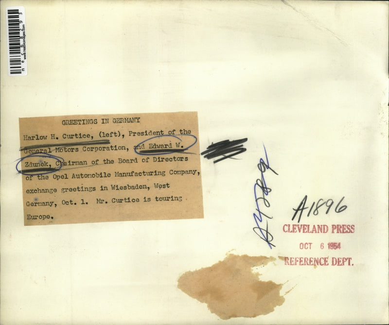 Load image into Gallery viewer, 1954 Press PhotoHarlow Curtice, pres of GM Corp &amp; Ed Zdunek of Opel Autos
