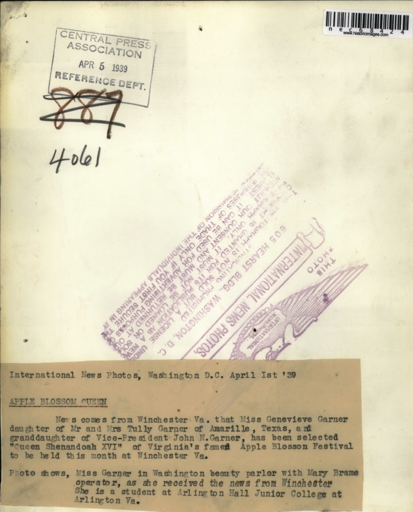 1939 Press Photo Genevieve Garner Named Queen Shenandoah XVI