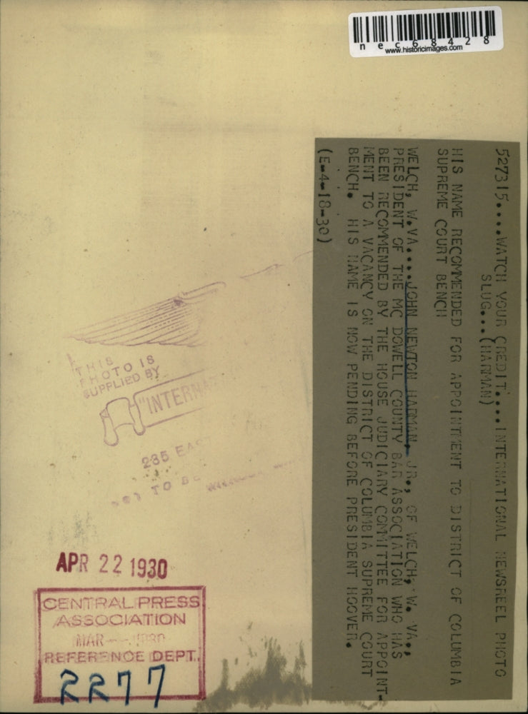 1930 Press Photo John Newton Harmon President McDowell County Bar Association