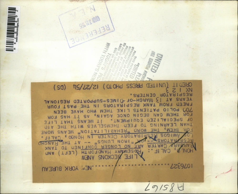 1954 Press Photo Roosemary & Barbara at the Rancho Los Amigos Respiratory Center