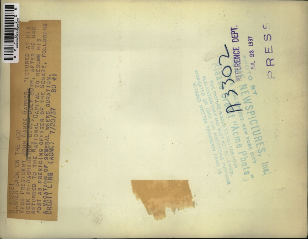 1937 Press Photo Vice President John Nance Garner back on the job at Washington