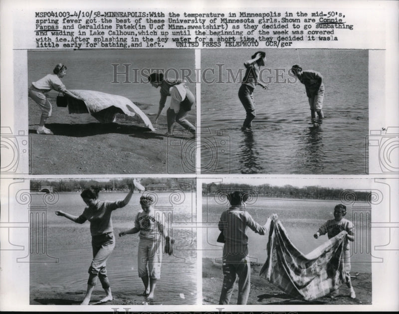 Load image into Gallery viewer, 1958 Press Photo Connie Pappas &amp; Geraldine Patek as they go sunbathing and
