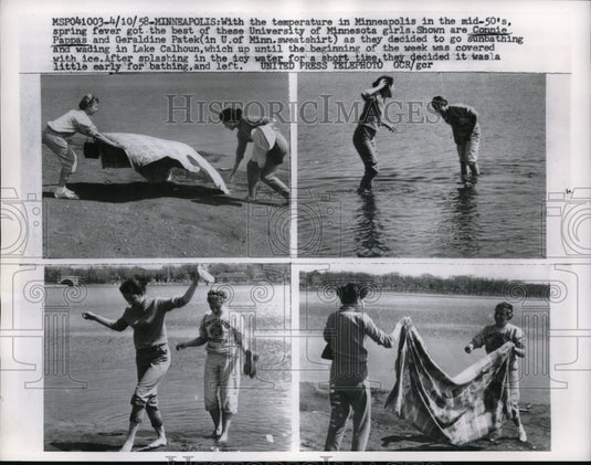1958 Press Photo Connie Pappas & Geraldine Patek as they go sunbathing and