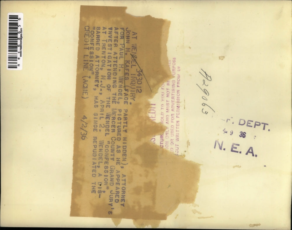 1936 Press Photo Attorney John H. Kafes Attends Wendel Inquiry in Trenton