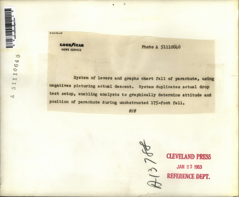 Load image into Gallery viewer, 1953 Press Photo System of levers and graphs chart fall off parachute
