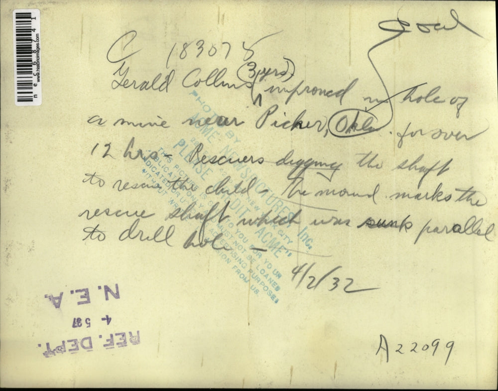 1937 Press Photo Gerald Collins & rescue work at Pitcher , Okla mine