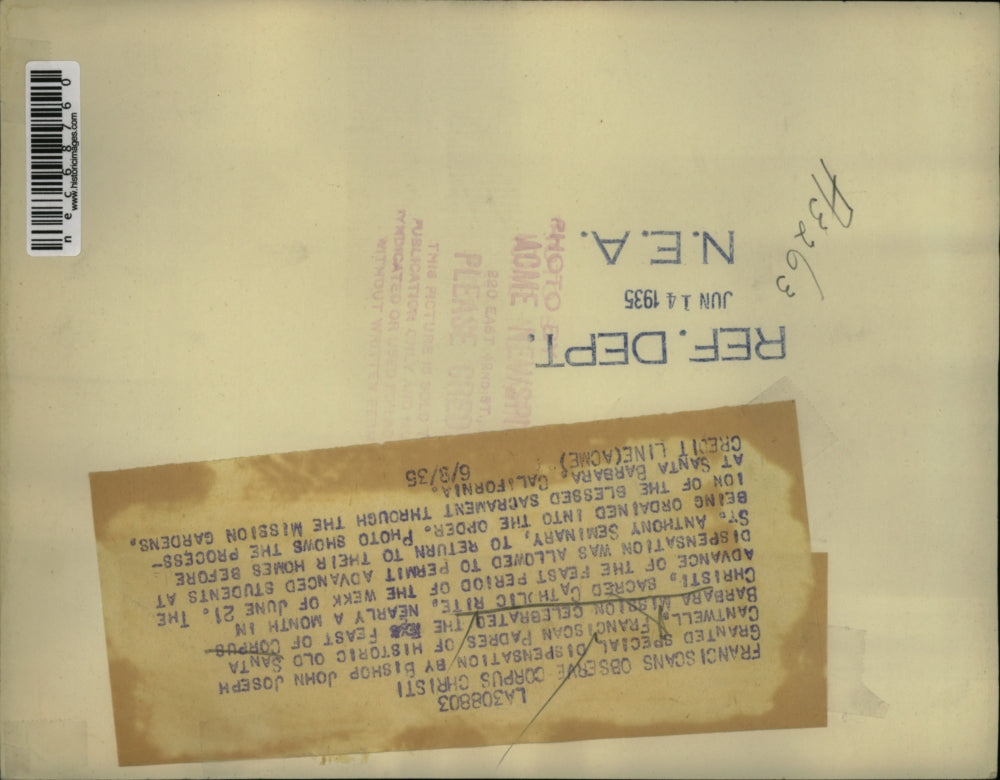 1935 Press Photo santa Barbara Mission Celebrated Feast of Corpus Christi