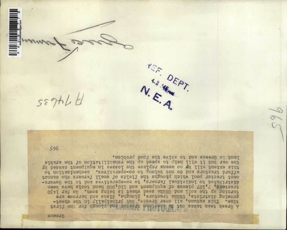 1946 Press Photo Greek farmer on tractor in his field