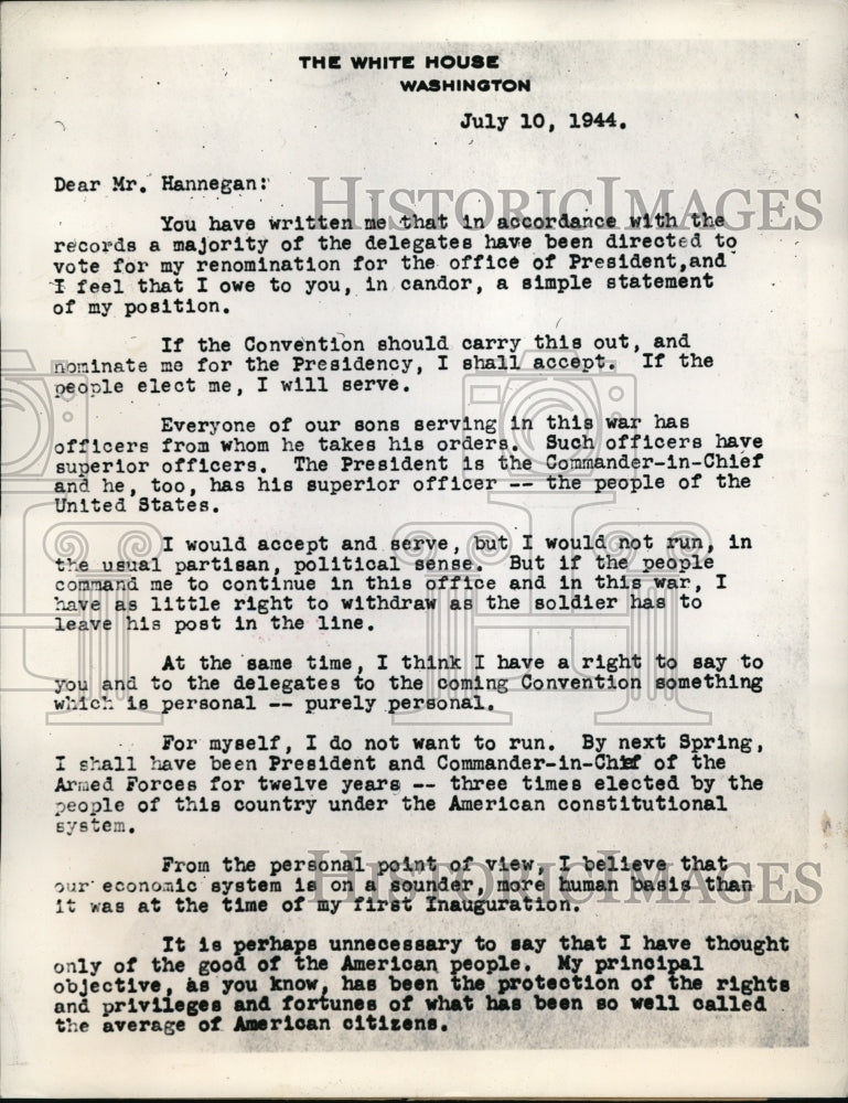 1944 Press Photo DC 1st pg of Pres Roosevelt letter to Dem. Natl Committee