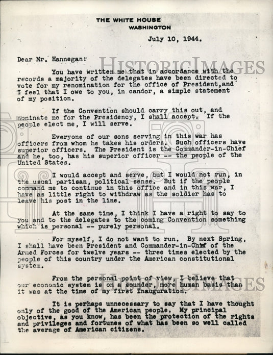 1944 Press Photo DC 1st pg of Pres Roosevelt letter to Dem. Natl Committee
