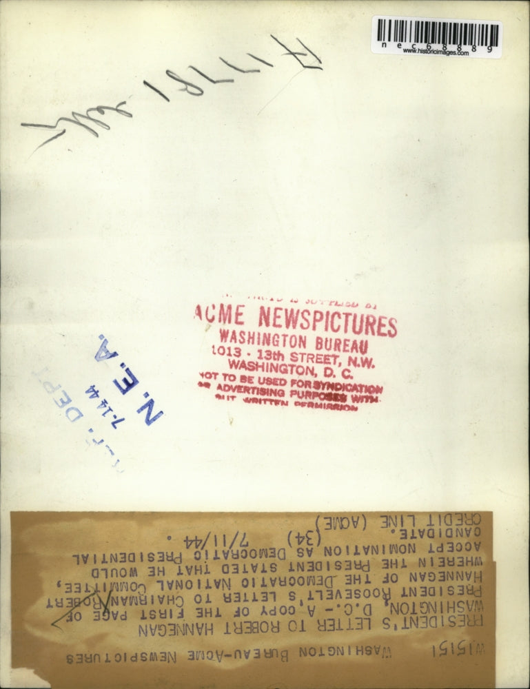 1944 Press Photo DC 1st pg of Pres Roosevelt letter to Dem. Natl Committee