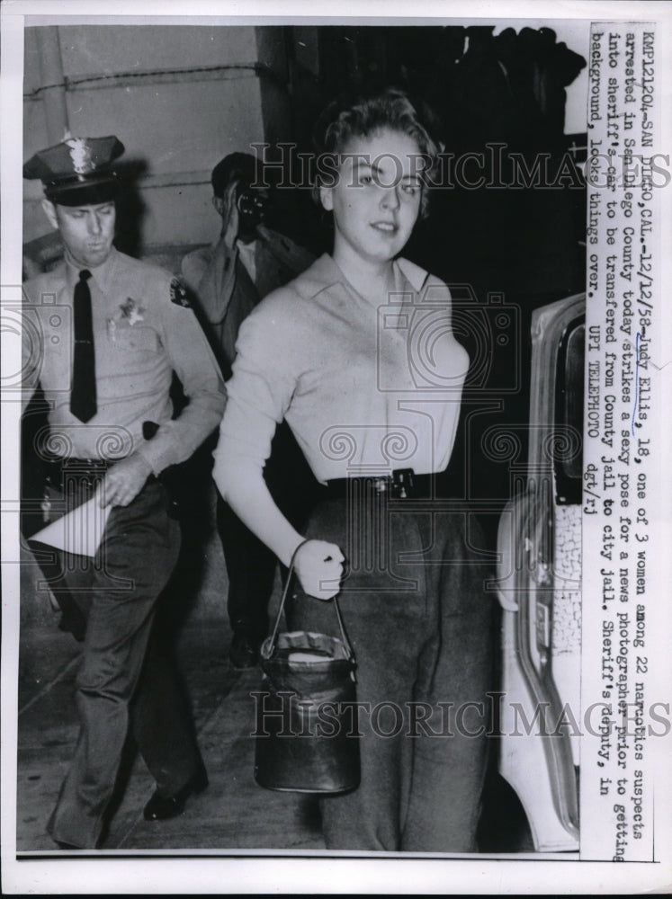 1958 Press Photo Judy Ellis Narcotics suspect arrested in San Diego California- Historic Images