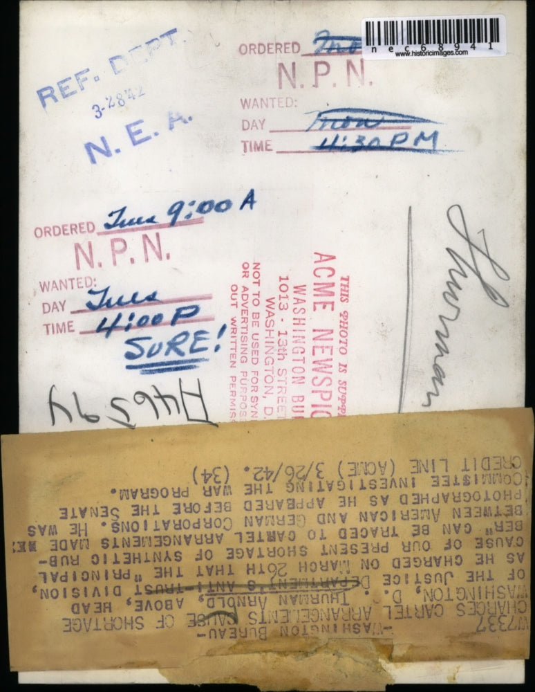 Load image into Gallery viewer, 1942 Press Photo Thurman Arnold says cartel is cause of rubber shortage, WWII
