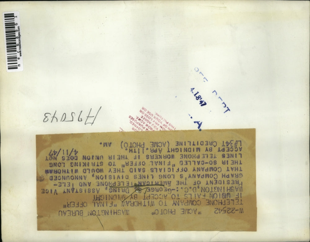 1947 Press Photo George S. Dring Pres. of American Telephone and Telegraph Comp.