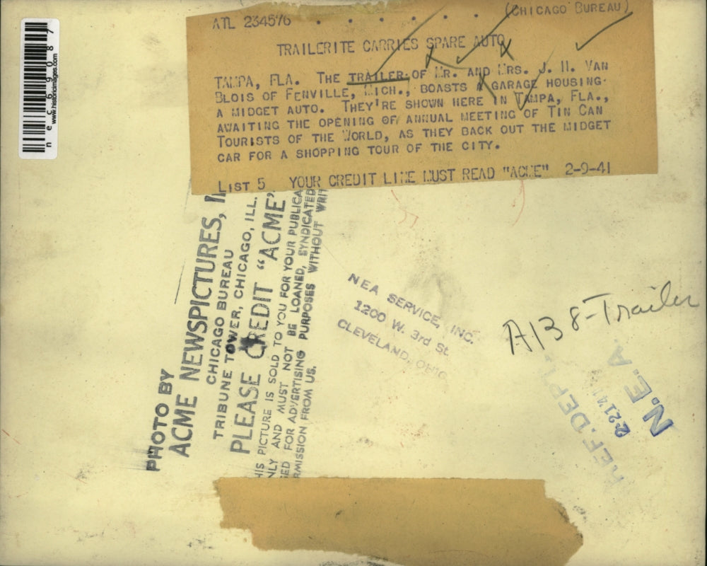 1941 Press Photo Trailer Of Mr And Mrs JH Van Blois Of Ferville