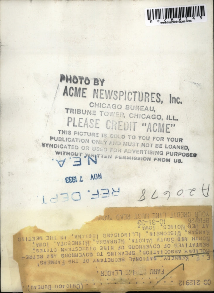 1933 Press Photo E. E. Kennedy, National Secretary of the Farmer's Holiday Assn