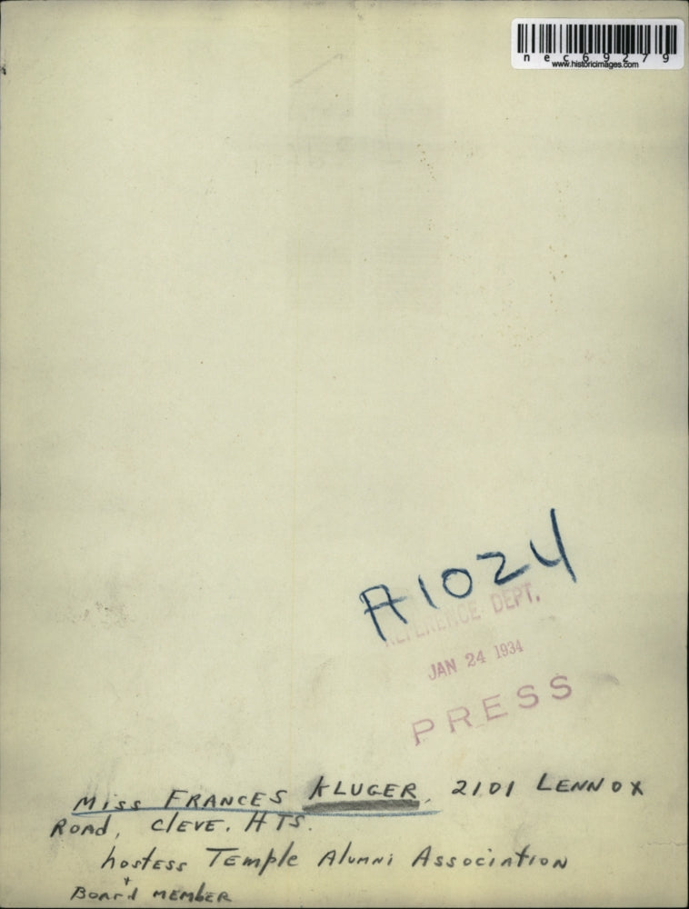 1934 Press Photo Francis Kluger, Hostess of Temple Alumni Association