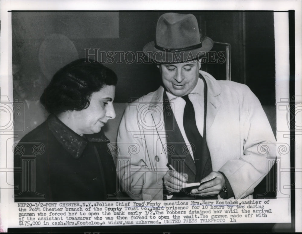 1956 Press Photo Police Chief Fred Ponty Questions Mary Kostoloas After Held Up