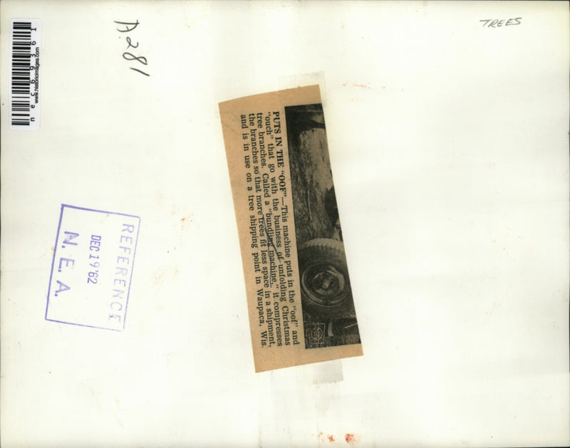 Load image into Gallery viewer, 1962 Press Photo Workers Unfold Christmas Tree Branches With Machine

