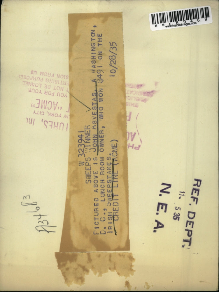 1935 Press Photo John Asvestas won $491 on the Irish Sweepstakes