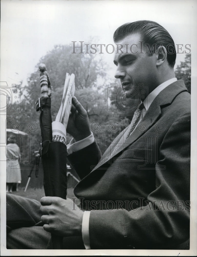 Load image into Gallery viewer, 1958 Press Photo Man Displays German Umbrella That Doubles as Briefcase
