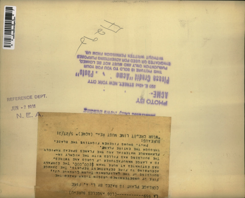 1931 Press Photo fire at the California thorn cordage co.